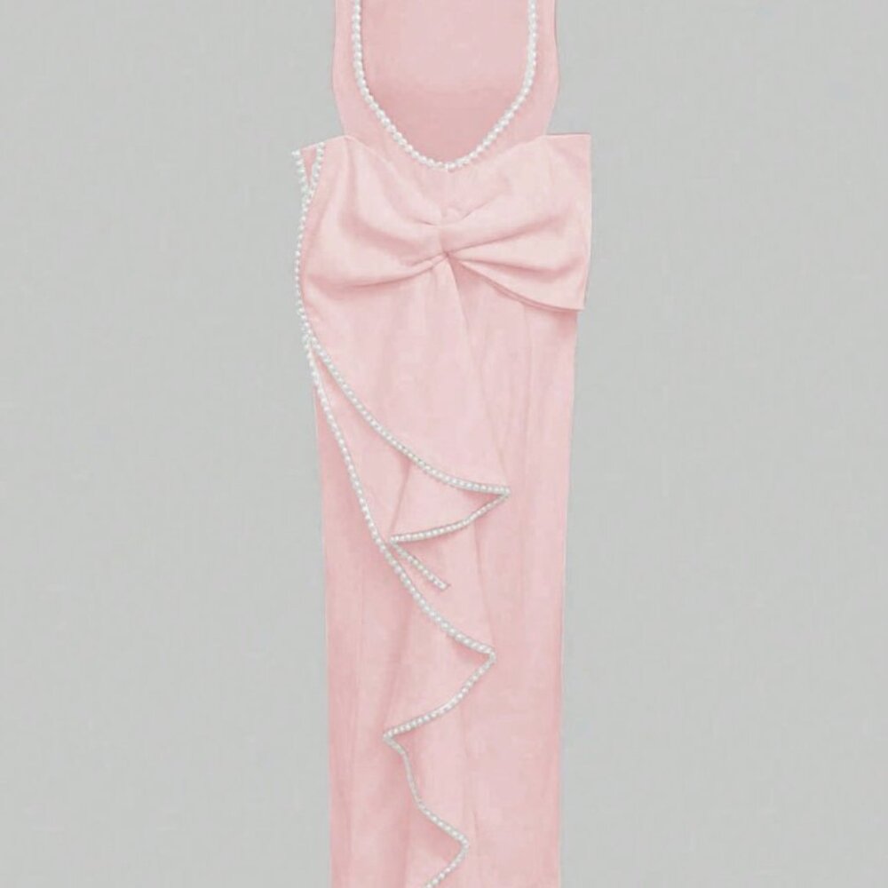 Pink Elegant Women's Romantic Backless Pearl Bow Prom Dress - Picture 5 of 7